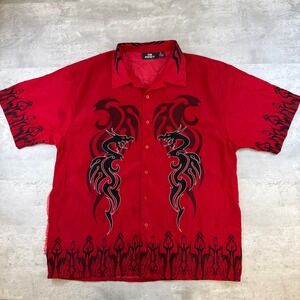 City Impact Mens XL Red Tribal Dragon Graphic Short Sleeve Button Down Shirt Y2K